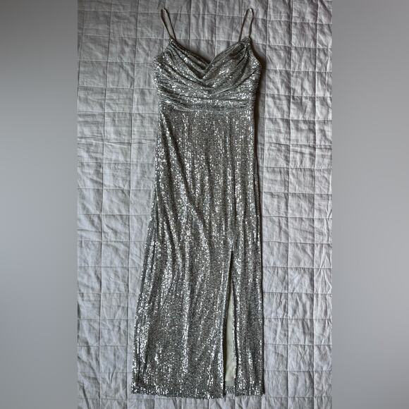 Eliza J Champagne Cowl Neck Sequin Gown Spaghetti Straps Leg Slit Formal - 8 - Picture 1 of 9